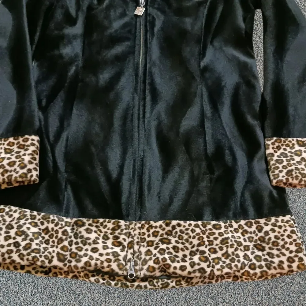 Mudd Women's Black Faux Fur Leopard Print Trim Full Zip Coat Jacket Y2K Small - Picture 8 of 10